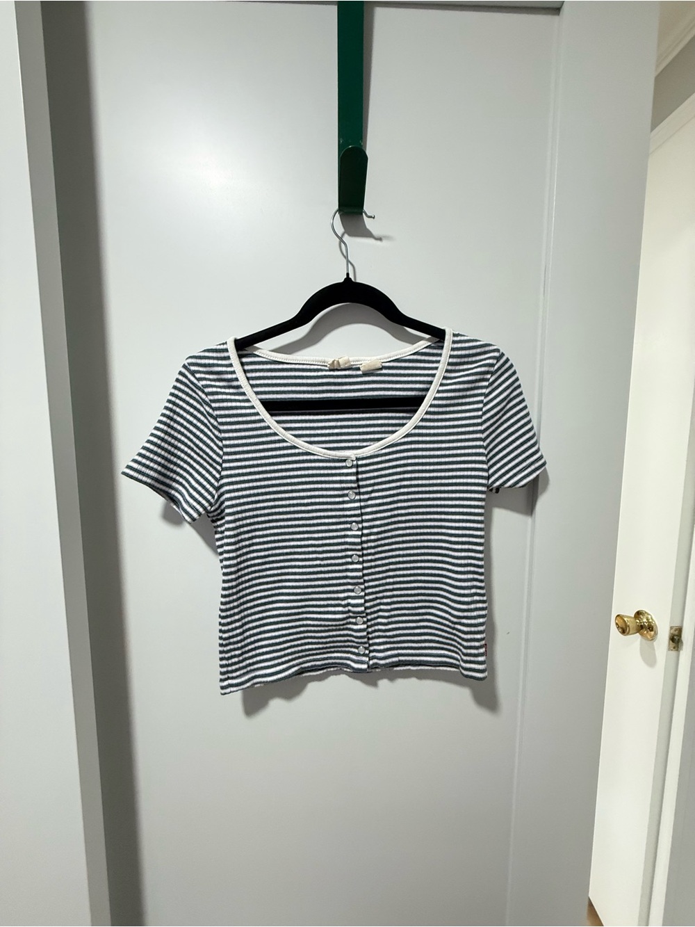 Levi's Purple Black & White Striped Button Snap -Front Crop Top